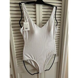 ANDIE IBiZA One Piece Swimsuit Size L White Ribbed V Neck Low Back NWT